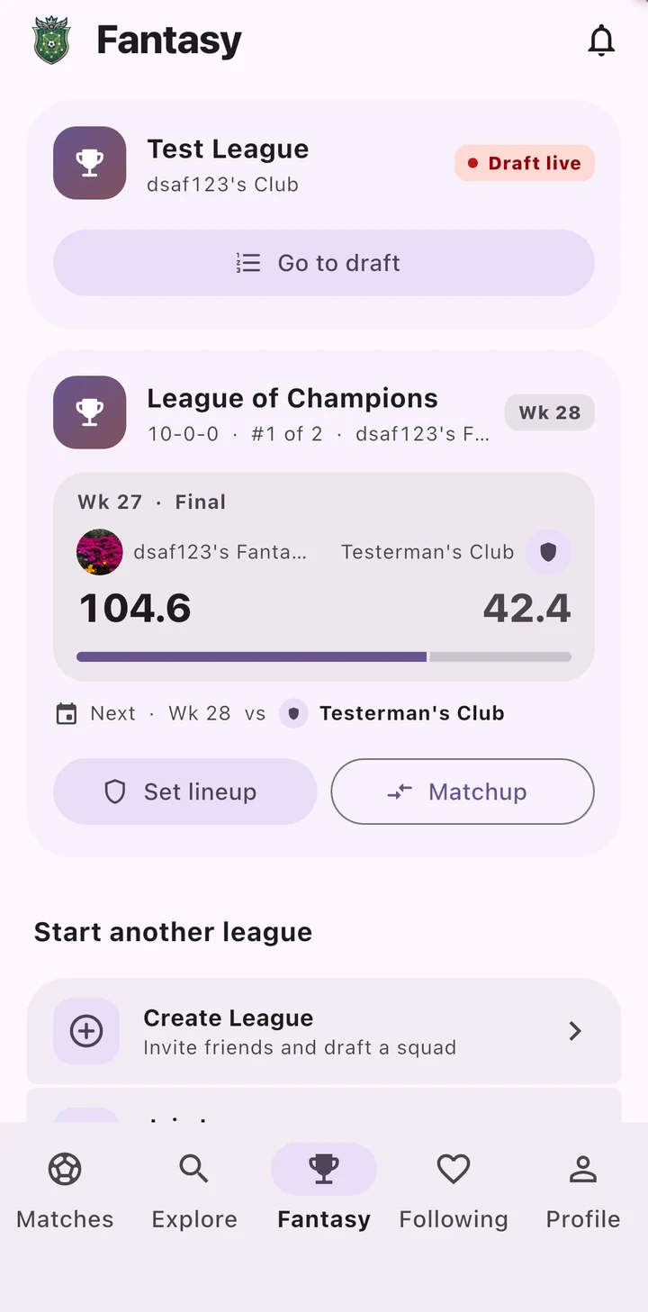 Fantasy hub showing your leagues, last week's result and next matchup
